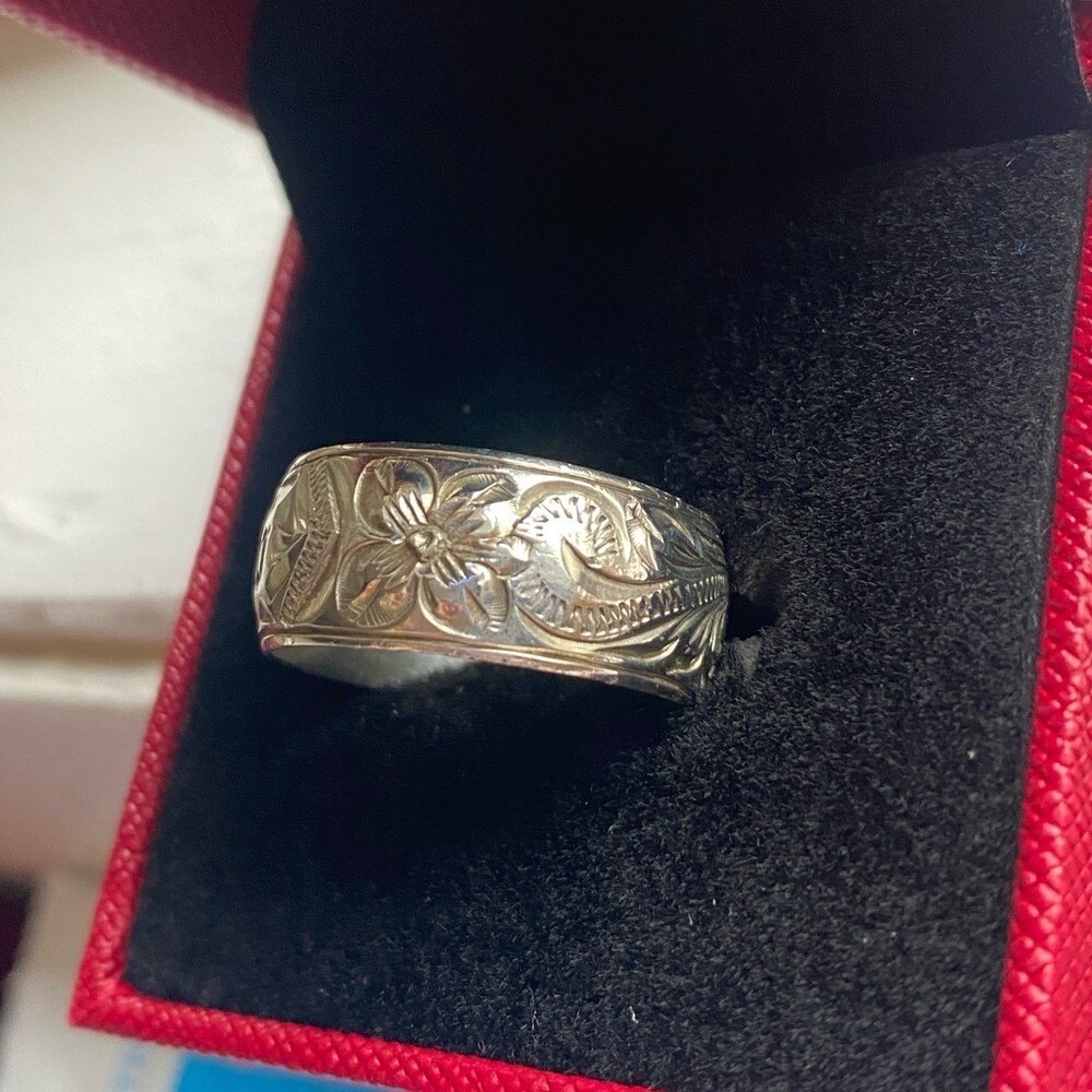 6mm KUUIPO Ring Band Size 11.5 Hevy Sterling Silver Hawaiian Plumeria Scroll